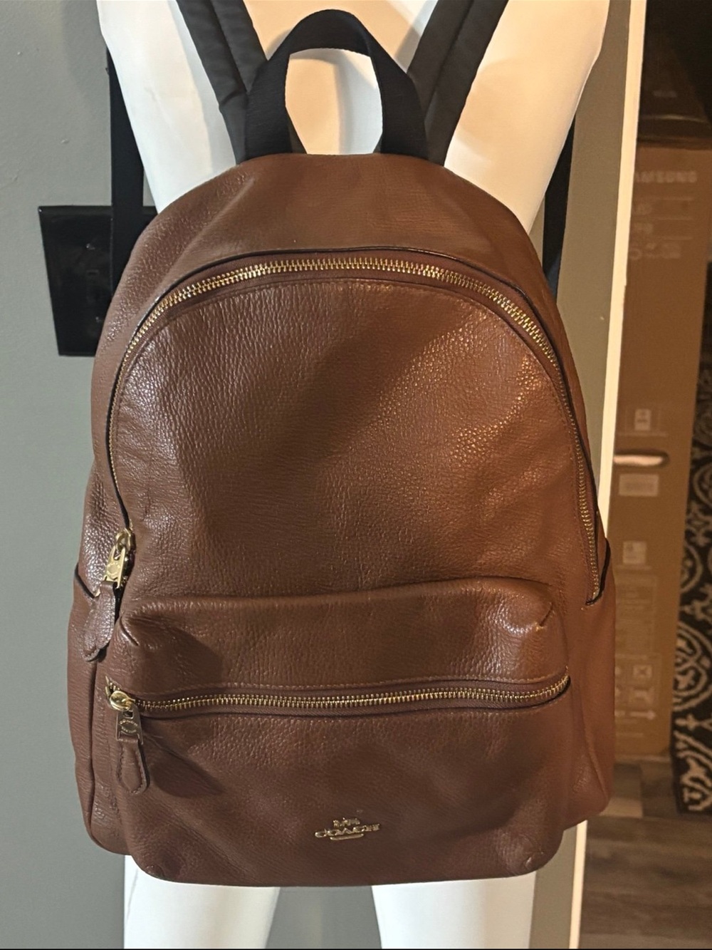 Coach Brown Pebbled Leather Backpack with Gold Hardware